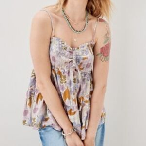 NWT American Eagle Smocked Floral Spaghetti Strap Tiered Babydoll Top Si…